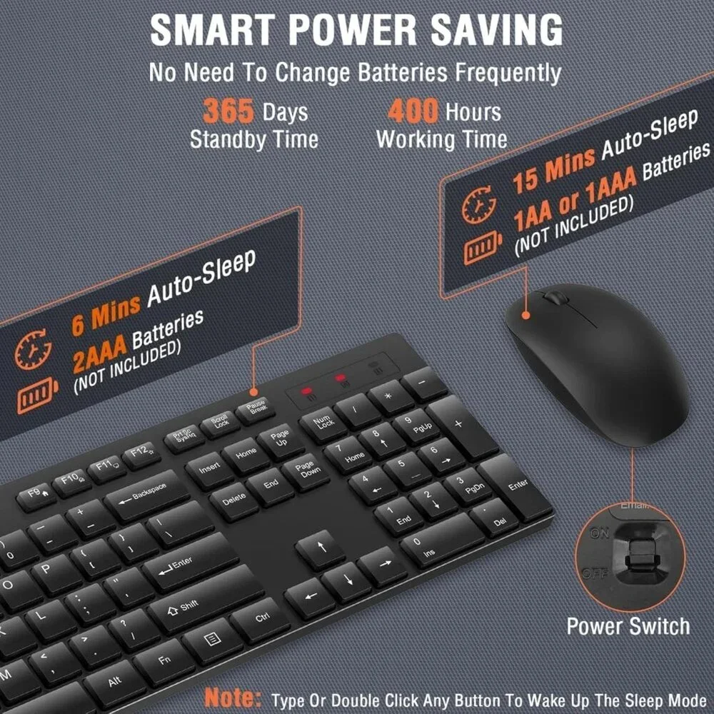Wireless Keyboard and Mouse Combo, EDJO Silent Full Size Cordless USB Keyboard M